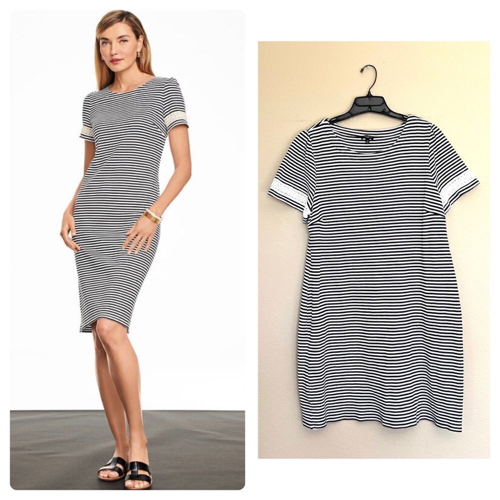 Talbots Cotton Lace Trim Striped Shift Dress